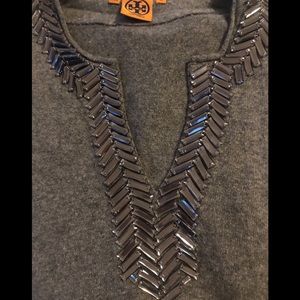 Tory Burch Charcoal V-Neck Sweater with Embellishments